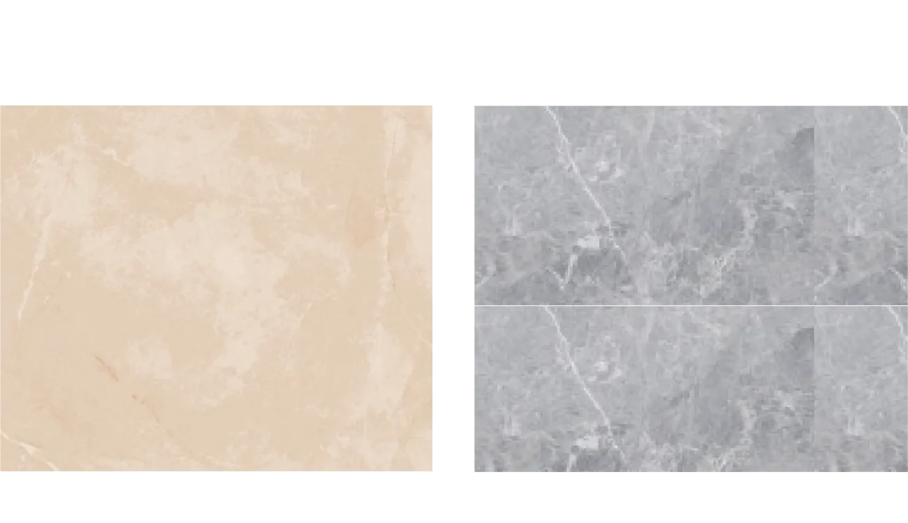 Muestras de piso para áreas comunes: loseta beige y loseta gris veteada