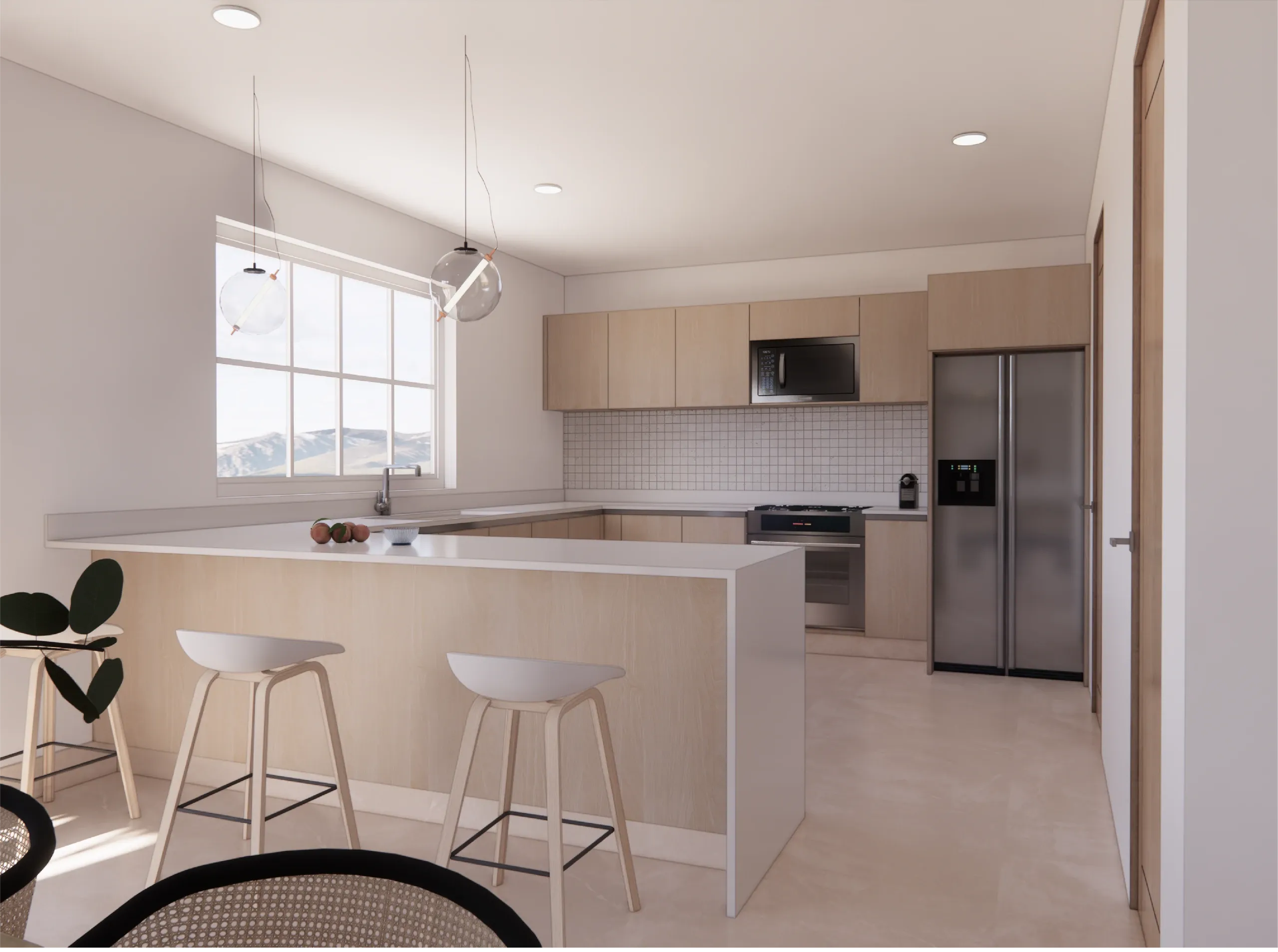 Cocina con barra, taburetes, refrigerador y ventana sobre la tarja