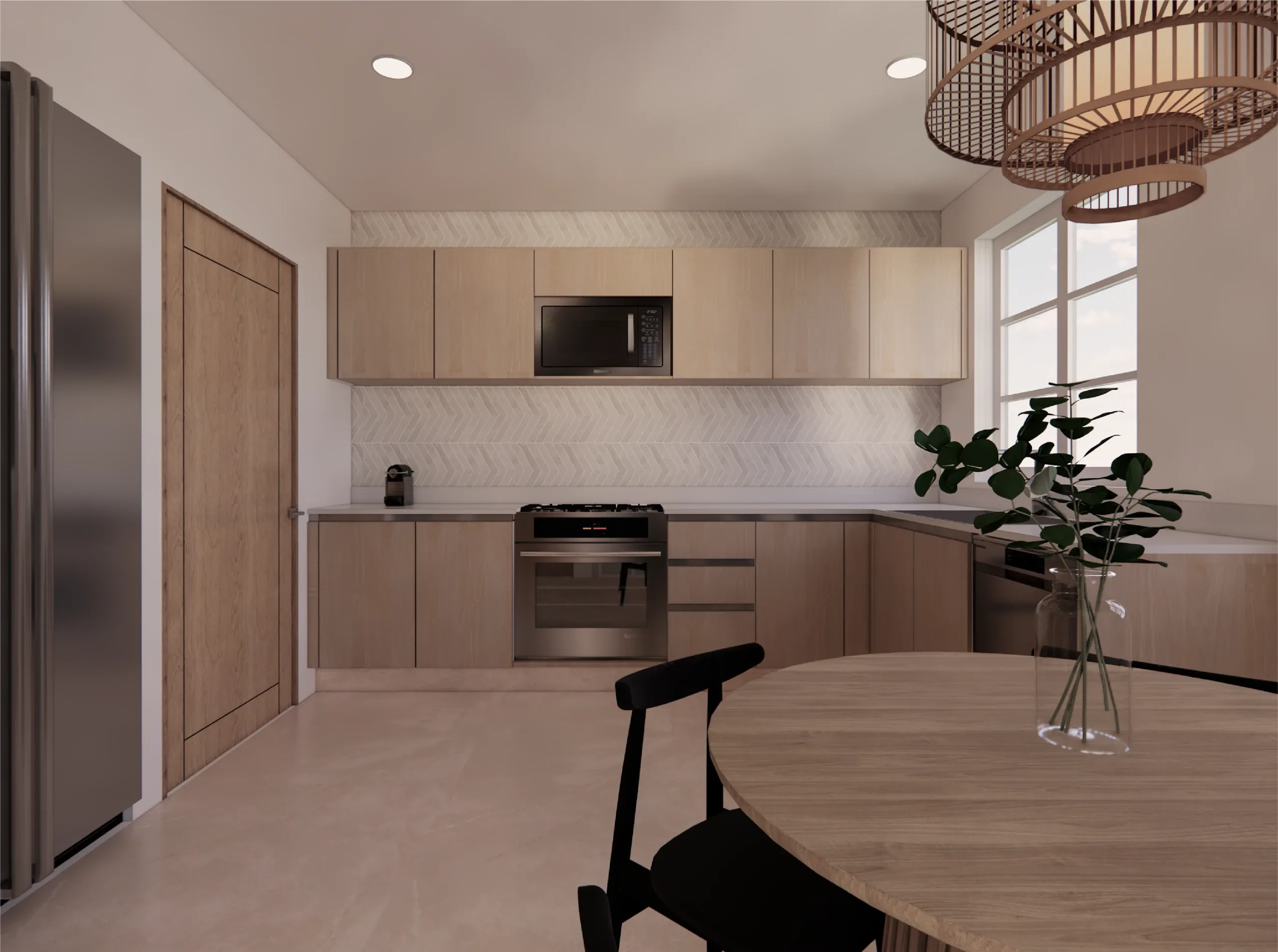 Cocina con gabinetes de madera clara, estufa y comedor redondo en primer plano