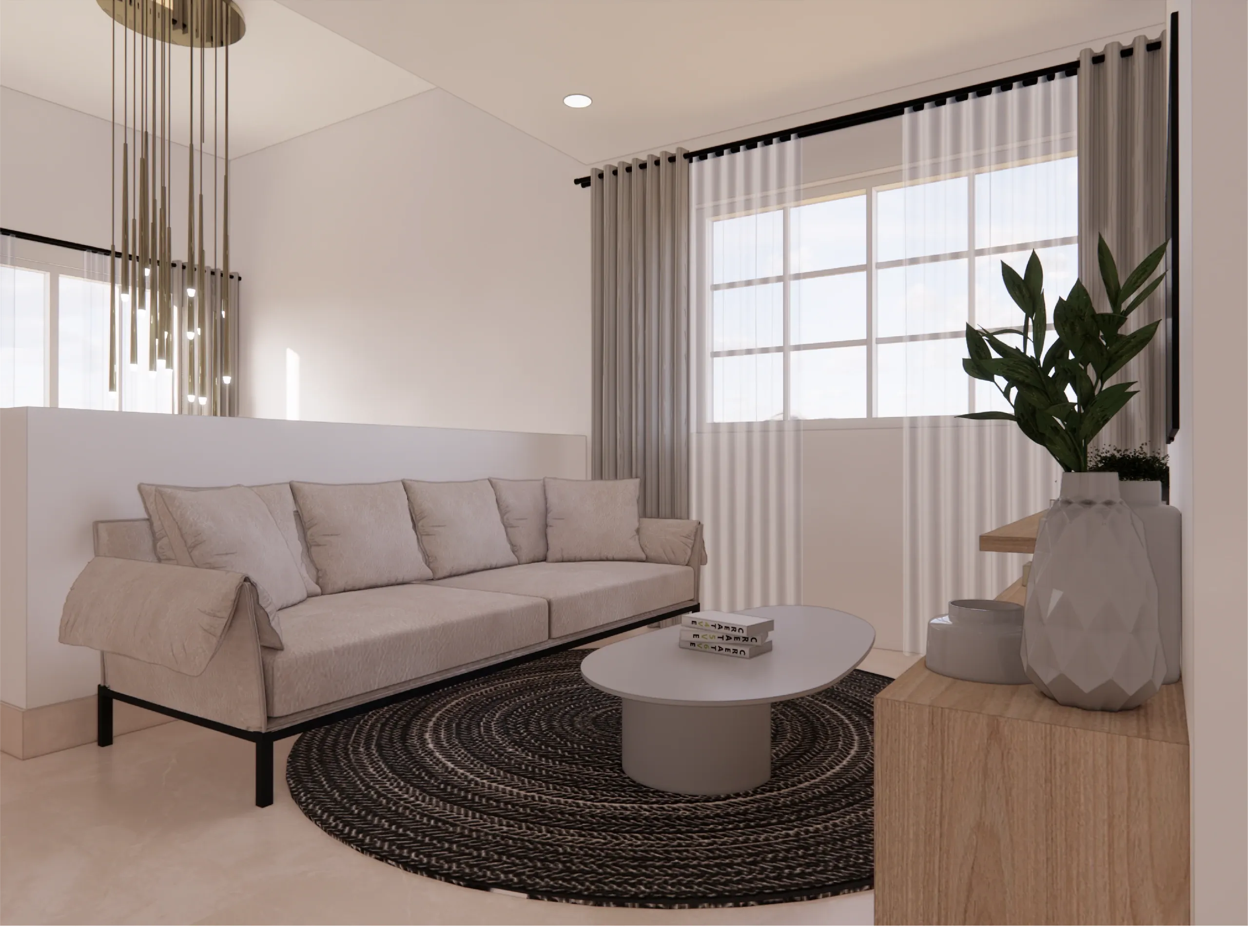 Sala con sofá claro, tapete redondo, cortinas largas y una planta