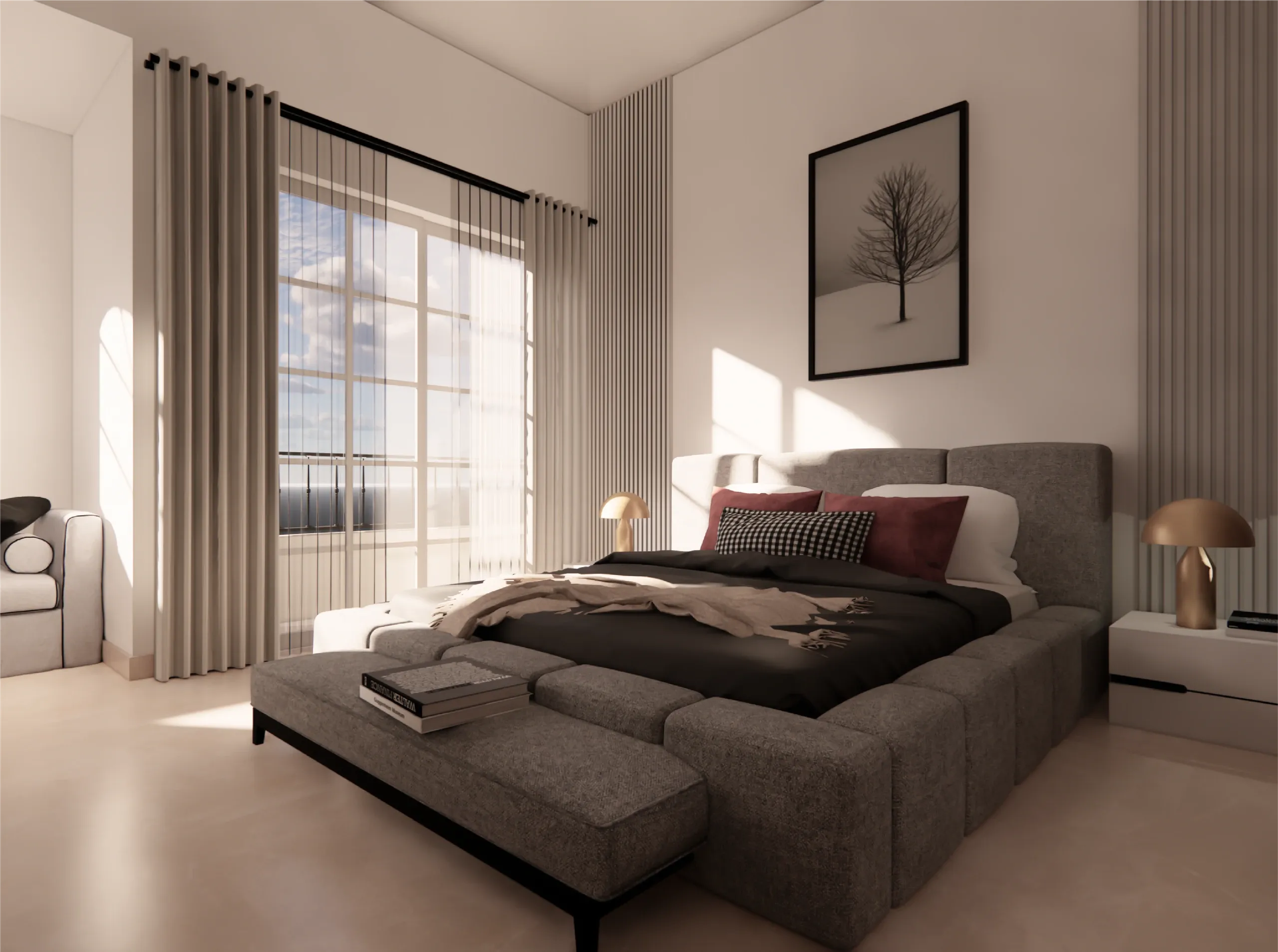 Recámara con cama, cabecera gris, ventanal con cortinas y una pintura en la pared