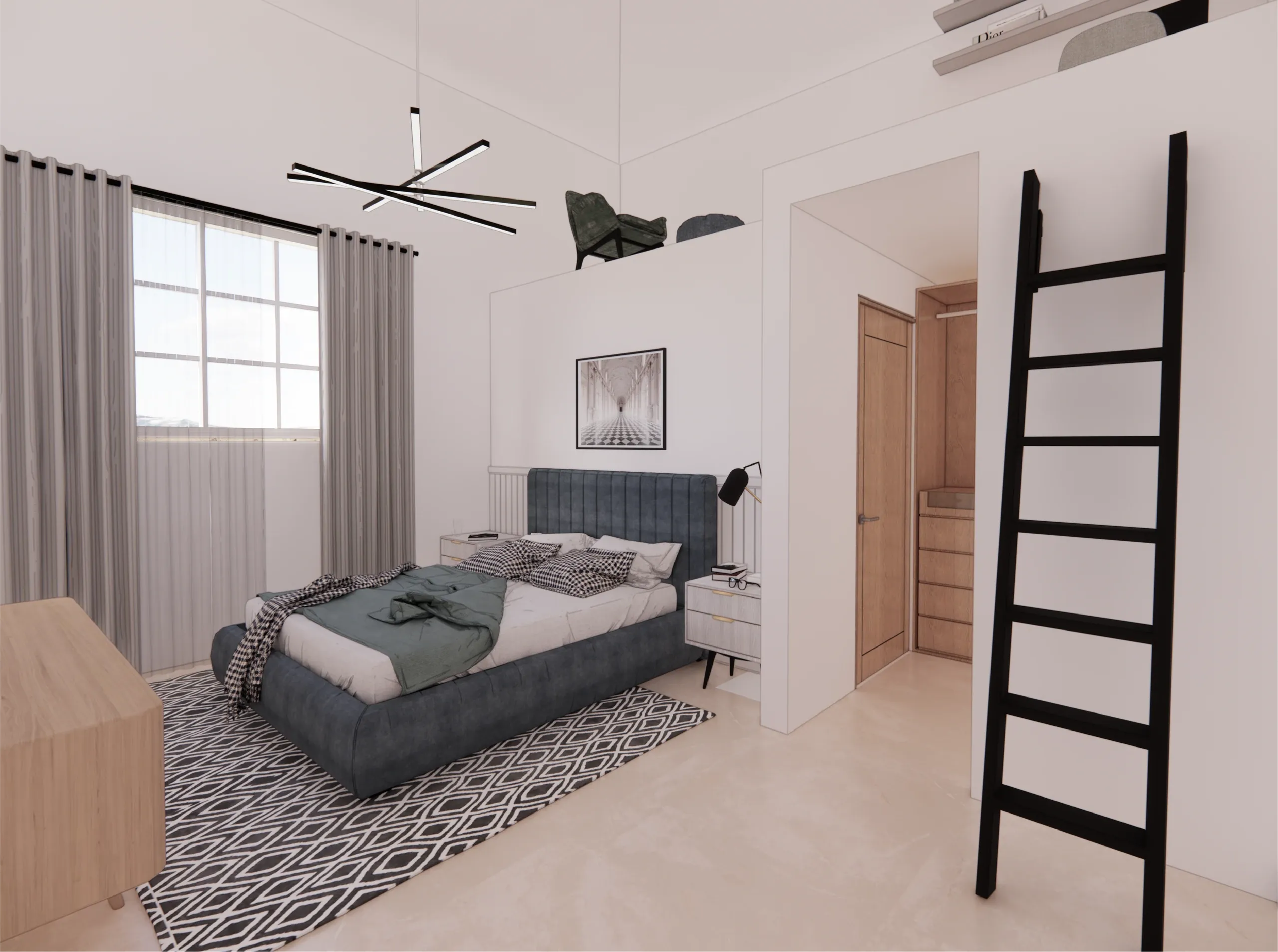 Recámara con cama azul, tapete geométrico y una escalera negra de biblioteca