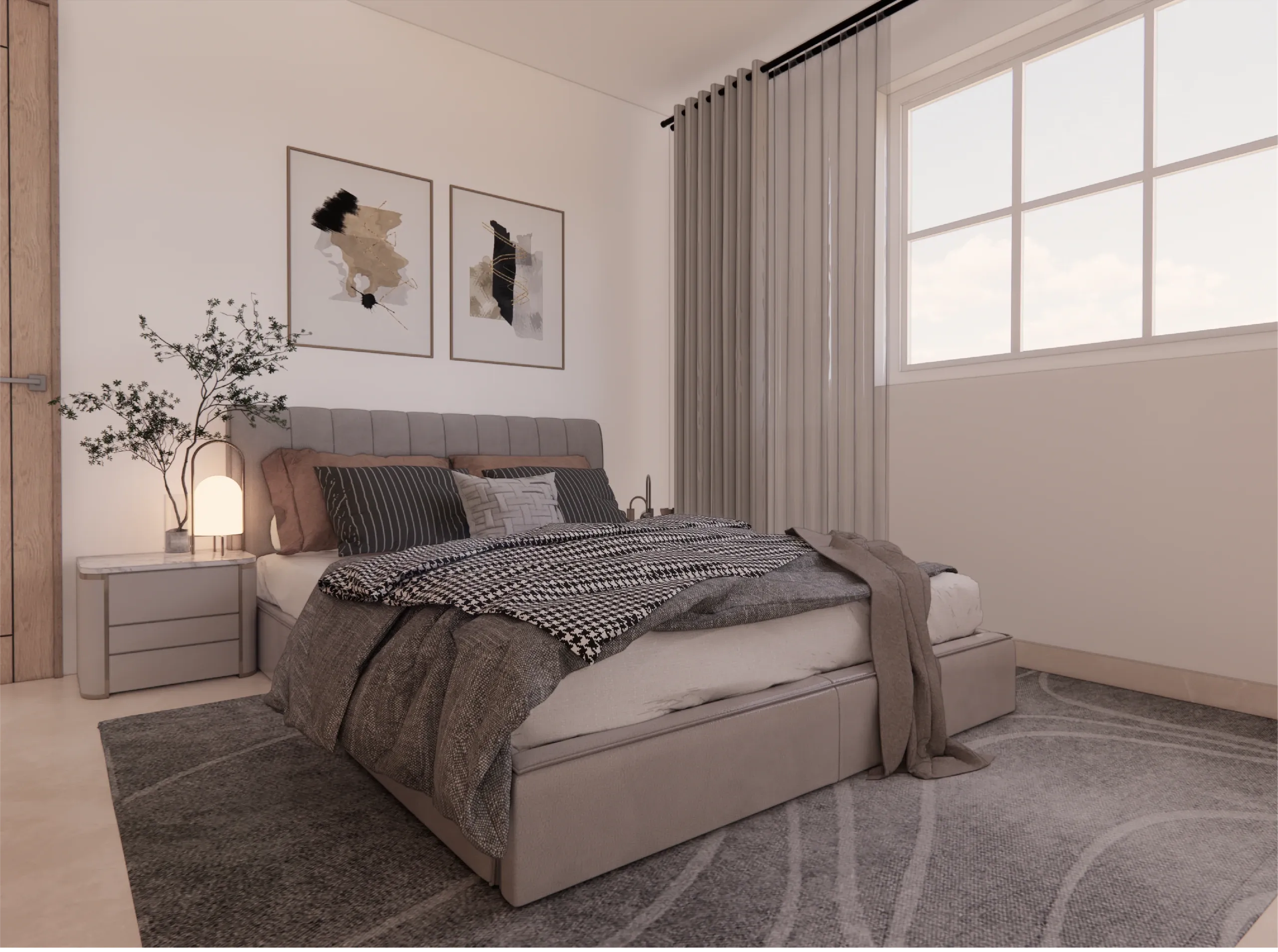 Recámara principal con cama, buró, cuadros y cortinas