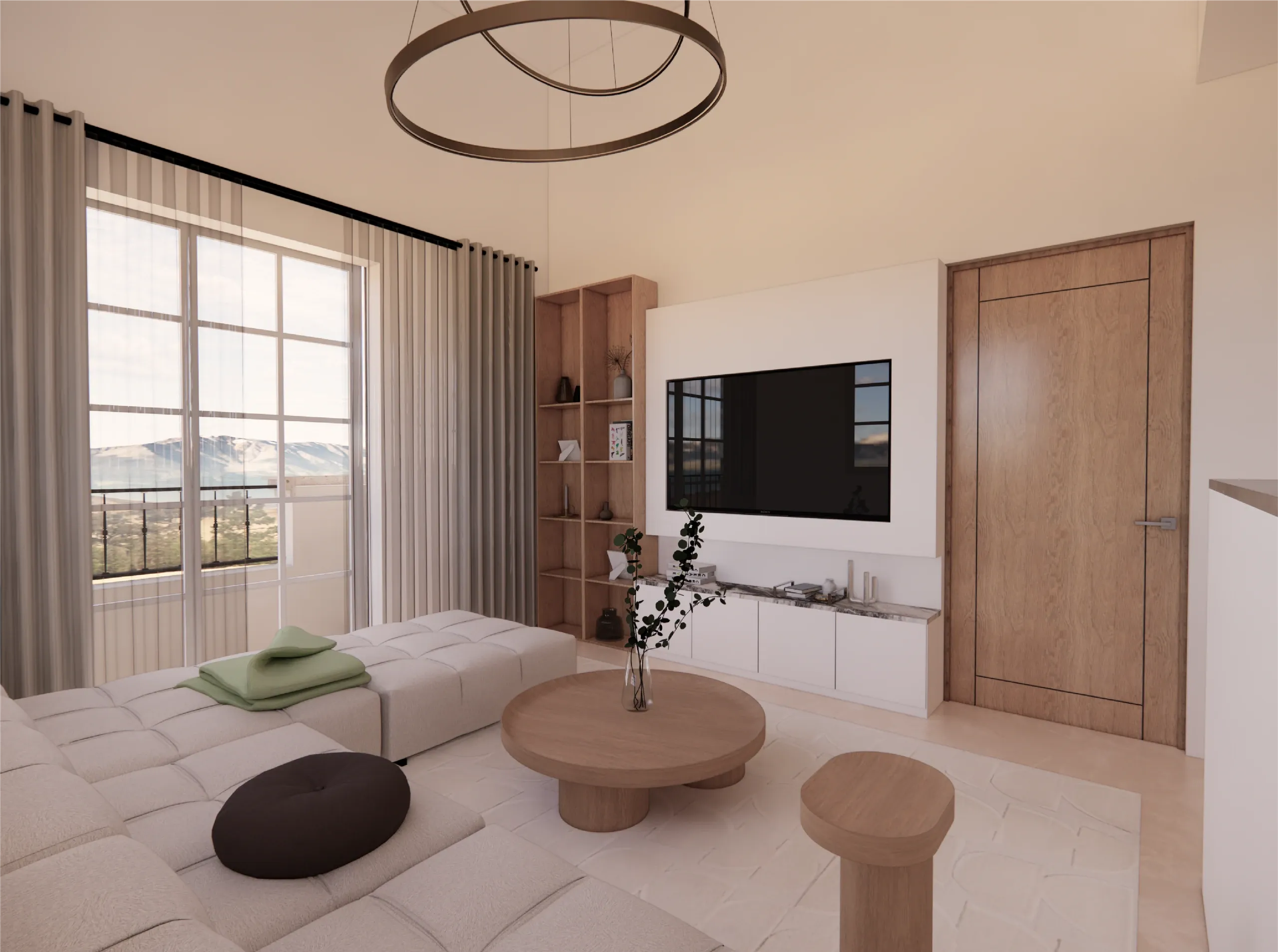 Sala de televisión con sofá modular claro, mesas de madera y ventanal