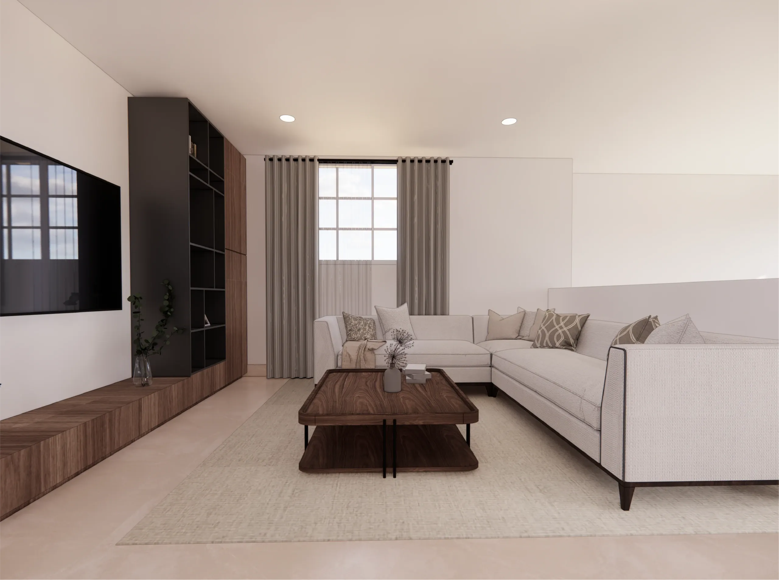 Sala con sofá en L, mueble de madera con televisión y cortinas grises