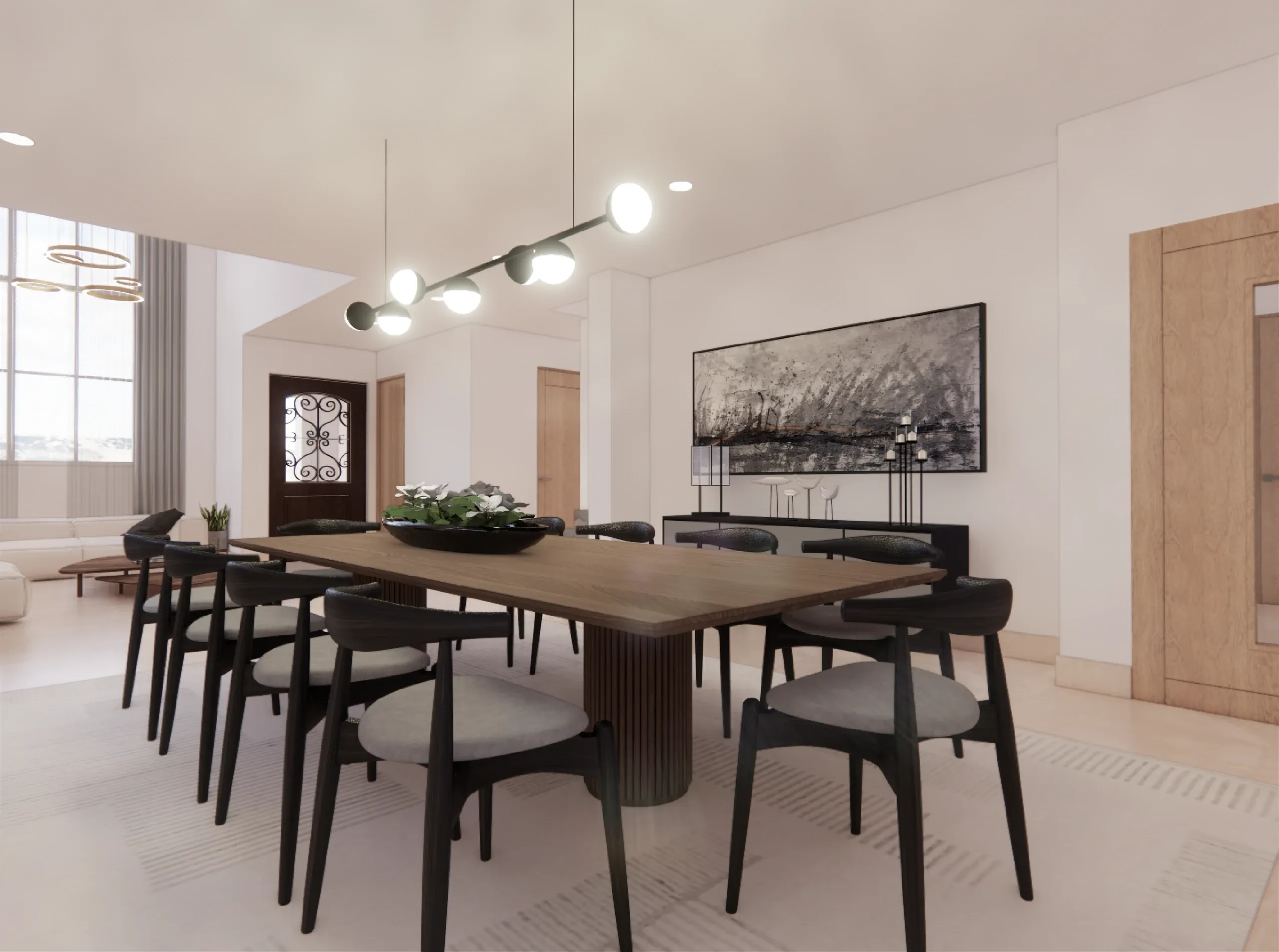 Comedor con mesa de madera, sillas negras y lámpara de techo moderna