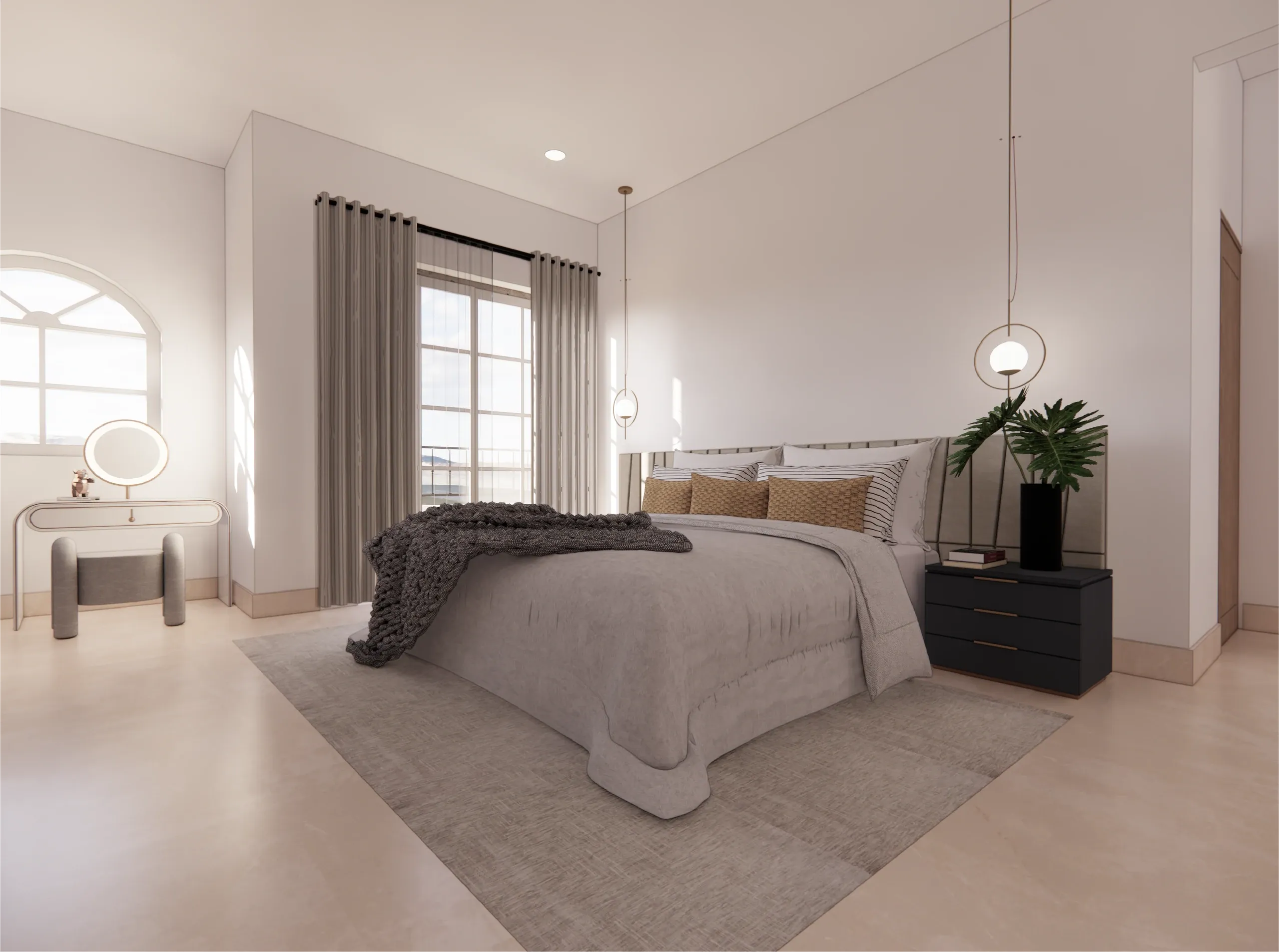Recámara principal con cama, tocador y ventana con arco