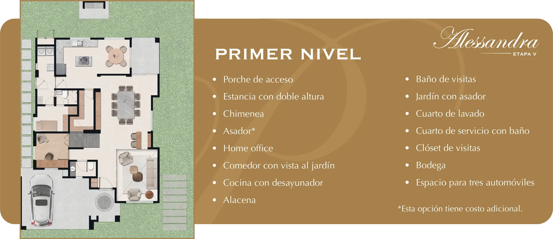 Plano del primer nivel de Alessandra, etapa V. Porche de acceso, estancia con doble altura, chimenea, asador (opción con costo adicional), home office, comedor con vista al jardín, cocina con desayunador, alacena, baño de visitas, jardín con asador, cuarto de lavado, cuarto de servicio con baño, clóset de visitas, bodega y espacio para tres automóviles