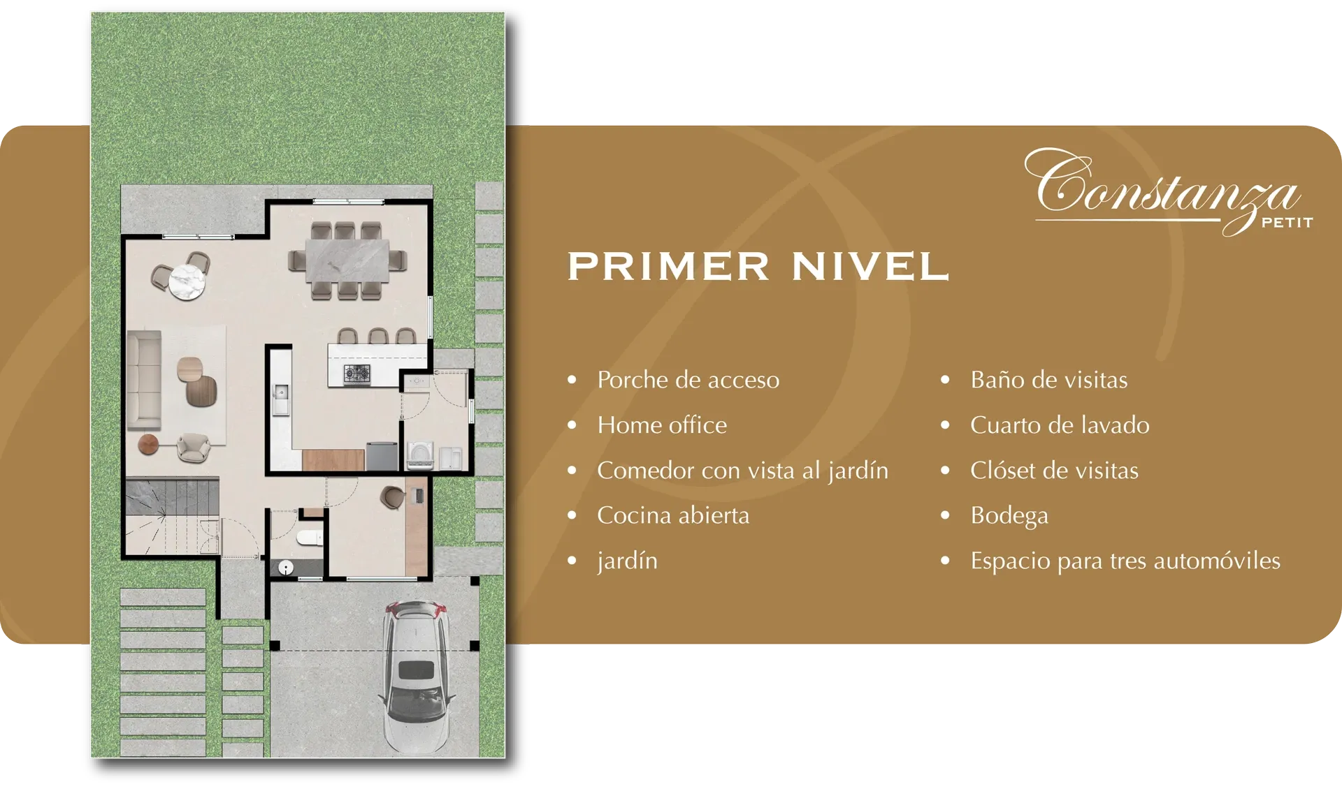 Plano del primer nivel de Constanza Petit. Porche de acceso, home office, comedor con vista al jardín, cocina abierta, jardín, baño de visitas, cuarto de lavado, clóset de visitas, bodega y espacio para tres automóviles