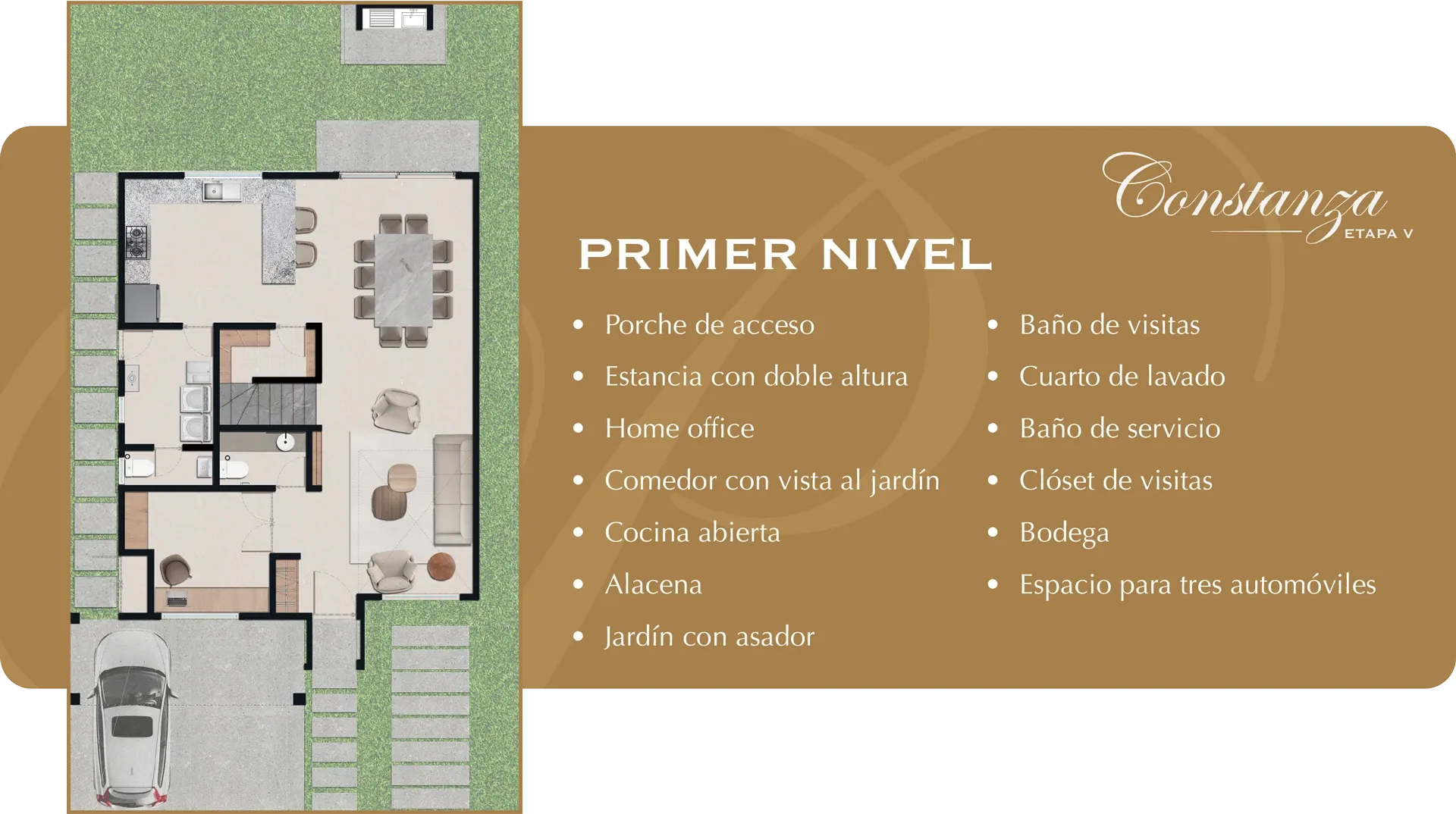 Plano del primer nivel de Constanza, etapa V. Porche de acceso, estancia con doble altura, home office, comedor con vista al jardín, cocina abierta, alacena, jardín con asador, baño de visitas, cuarto de lavado, baño de servicio, clóset de visitas, bodega y espacio para tres automóviles
