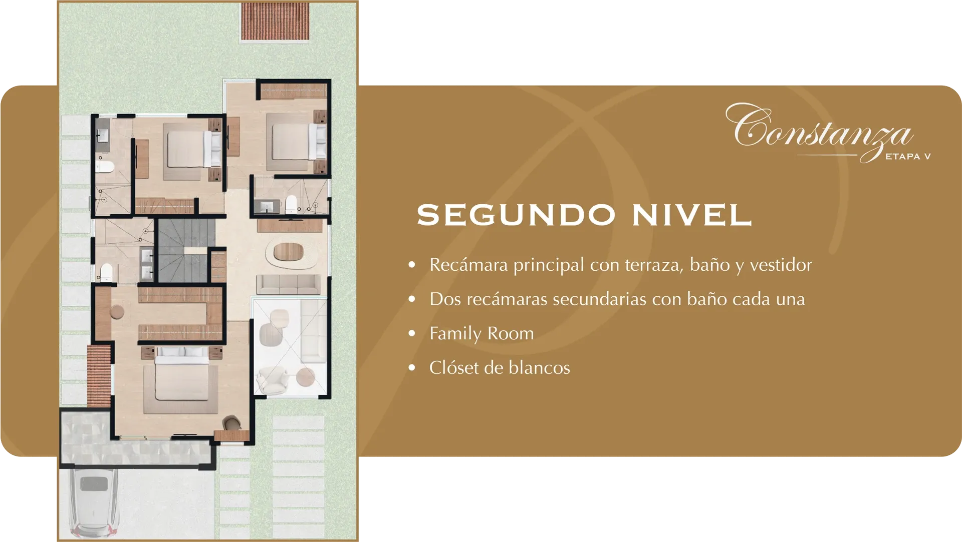 Plano del segundo nivel de Constanza, etapa V. Recámara principal con terraza, baño y vestidor; dos recámaras secundarias con baño cada una; family room y clóset de blancos