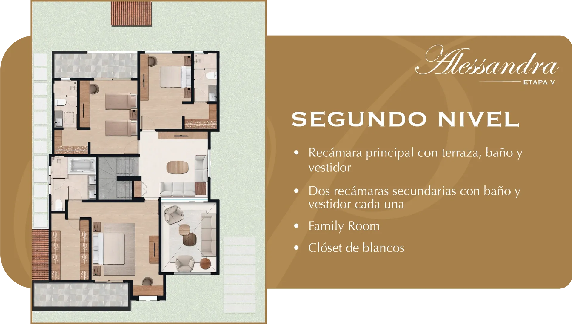 Plano del segundo nivel de Alessandra, etapa V. Recámara principal con terraza, baño y vestidor; dos recámaras secundarias con baño y vestidor cada una; family room y clóset de blancos