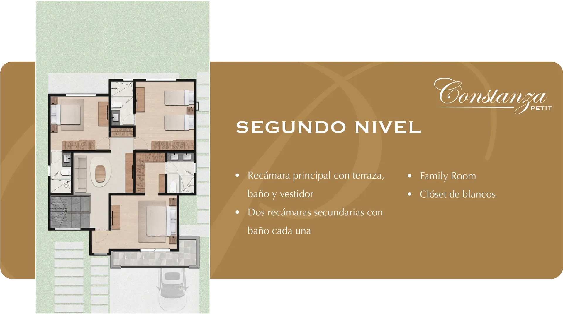 Plano del segundo nivel de Constanza Petit. Recámara principal con terraza, baño y vestidor; dos recámaras secundarias con baño cada una; family room y clóset de blancos